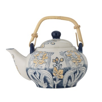 Ceainic din ceramică, cu motiv floral albastru pictat manual și mâner din bambus, cu infuzor, „Myah", 15 x 15 cm