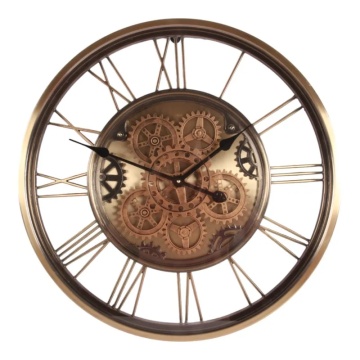 Ceas de perete din metal și sticlă, auriu, rotund, cu cifre romane din bare de metal și roți dințate mobile la vedere, 8 x 62 cm, „Bayonne”
