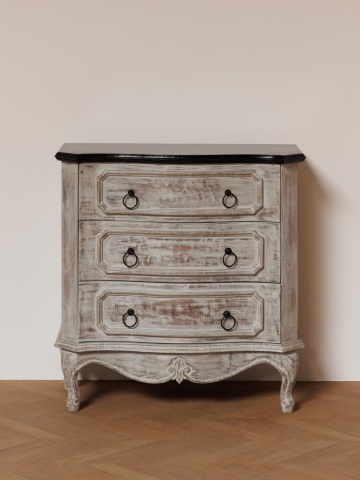 Comodă cu 3 sertare, vintage, din lemn de mango, gri, cu blat negru, mânere cu inel și picioare curbate, 90 x 89 x 42 cm, „Antique” - Img 2