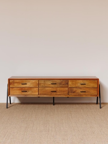 Comodă cu sertare, lungă, din lemn de mango și metal, natur, cu 6 sertare, picioare metalice și mânere negre, 60 x 188 x 48 cm, „Chapman” - Img 3