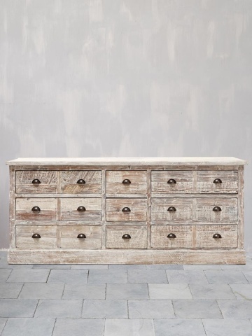 Comodă cu sertare vintage din lemn de pin, gri, cu 15 sertare și mânere scoică din metal, aspect rustic, 85 x 200 x 50 cm, „Uzès” - Img 3