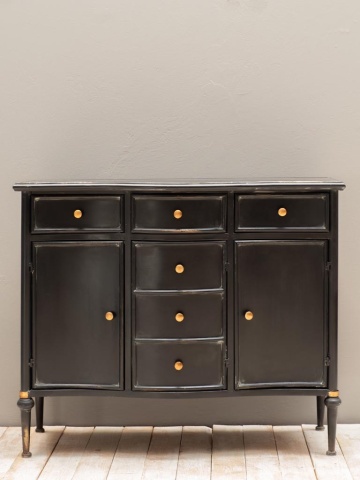 Comodă cu uși și sertare, vintage, din metal, negru, cu 3 sertare, 3 uși, față curbată și butoni aurii, 85 x 101 x 42,5 cm, „Orléans” - Img 2