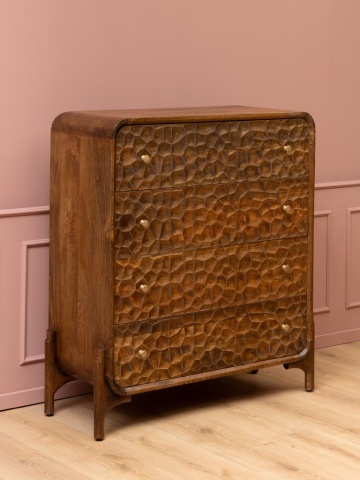 Comodă din lemn de mango cu 4 sertare , natur, cu decor sculptat în relief și mânere din alamă, 120x45x99 cm, „Atlas" - Img 8