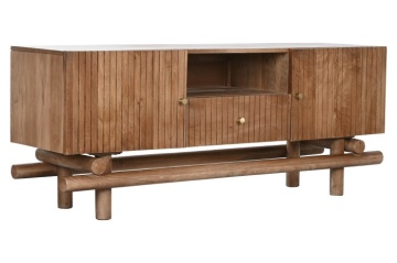 Comodă TV din lemn de mango, natur, cu 2 uși cu caneluri, 1 sertar, nișă deschisă și bază din bare rotunde, 60 x 145 x 42 cm, „Odelin” - Img 2