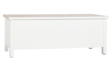 Comodă TV joasă din lemn, alb, cu blat natur, 3 uși, 3 rafturi, lamele tip jaluzea și ușă centrală din sticlă, 45 x 120 x 40 cm, „Pure Living” - Img 8