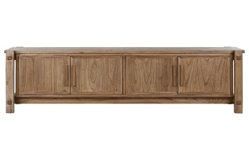Comodă TV living din lemn de ulm reciclat, natur, cu 4 uși și îmbinări cu cep la vedere, 48 x 181 x 45 cm, „Carnac”