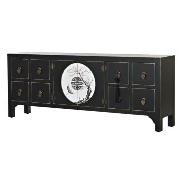 Comodă TV living din lemn, negru, cu 2 uși, 8 sertare și medalion oriental cu ramură înflorită, 51 x 130 x 26 cm, „Zenora”