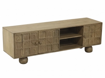 Comodă TV sculptată din lemn de mango, maro, cu 3 uși, nișă deschisă cu raft și picioare rotunde, 50 x 145 x 40 cm, „Dieulefit”