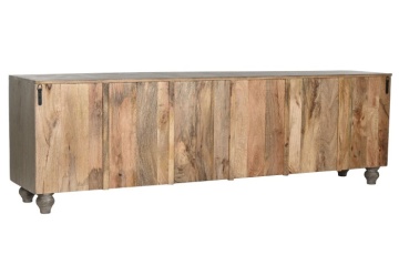 Comodă TV sculptată lungă din lemn masiv, gri, cu 6 uși, 3 rafturi și zăvoare din lemn, finisaj patinat, 61 x 200 x 40 cm, „Arvane” - Img 3
