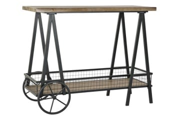 Consolă decorativă cu roți, stil industrial modern, culoare natur, din metal și lemn de molid, „Spruce”
