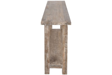 Consolă hol în stil etnic, din lemn de tec reciclat, natur, cu raft jos și picioare înclinate, finisaj patinat, 90 x 240 x 46 cm, „Granville” - Img 3