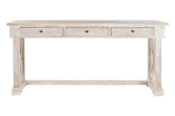 Consolă hol în stil farmhouse, din lemn de pin reciclat, natur, cu 3 sertare, blat cu romb central și traverse în X, 86 x 184,5 x 48 cm, „Pinora”