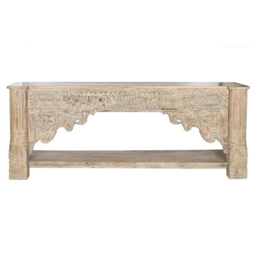 Consolă hol sculptată din lemn, natur, cu raft, friză florală, arcade polilobate și stâlpi sculptați, 91 x 233 x 47 cm, „Imperial”