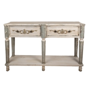 Consolă hol shabby chic din lemn, alb, cu 2 sertare, raft, picioare gri canelate și ornamente sculptate, 92 x 141 x 36 cm, „Marguerite”