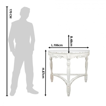 Consolă hol shabby chic din lemn masiv, alb, cu blat semicerc, ornamente sculptate și picioare strunjite, 87 x 106 x 48 cm, „Agatha” - Img 5