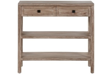 Consolă hol vintage din lemn de bayur, natur, cu 2 sertare, 2 rafturi și laterale cu traverse în X, 85 x 90 x 40 cm, „Calma”