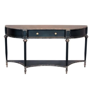 Consolă hol vintage din metal, negru, cu sertar, raft și picioare tronconice, blat patinat, 86 x 150 x 39,5 cm, „Edouard”