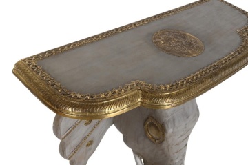 Consolă îngustă în stil etnic, din lemn de mango, gri, cu inserții de alamă și bază sculptată în formă de cap de elefant, 96 x 80 x 30 cm, „Elephas” - Img 2