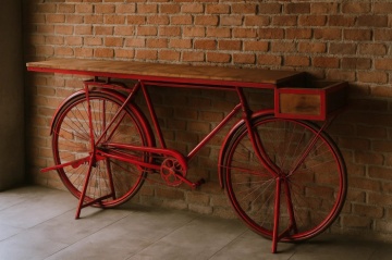 Consolă vintage tip bar din metal roșu antichizat și lemn de mango, „Bycicle" - Img 2