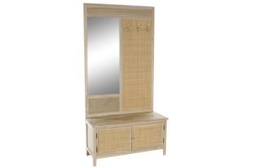 Cuier de hol din lemn de paulownia și rattan cu oglindă și banchetă cu depozitare, 92×40×181 cm, „Perchero" - Img 2