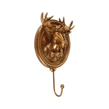 Cuier de perete din polirășină, auriu, cap de cerb în medalion oval, agățătoare decorativă cu cârlig, finisaj antichizat, 20 x 11 x 5,5 cm, „Cerf”