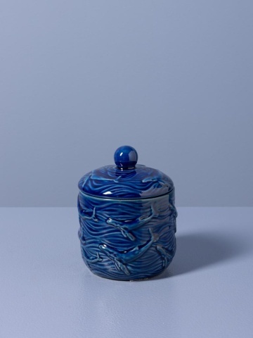Cutie decorativă din ceramică, albastră, mică, cu capac și balene în relief, 12,5 x Ø 10 cm, „Azula” - Img 3