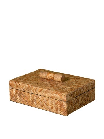 Cutie decorativă din ratan împletit natur, model în spic, capac cu mâner, finisaj natural, 8 x 20 x 15 cm, „Camille”