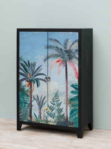 Dulap din lemn de pin, negru, cu 2 uși decorate cu peisaj tropical, 2 rafturi și mânere cu inel, 120 x 81 x 40 cm, „Calypso” - Img 3