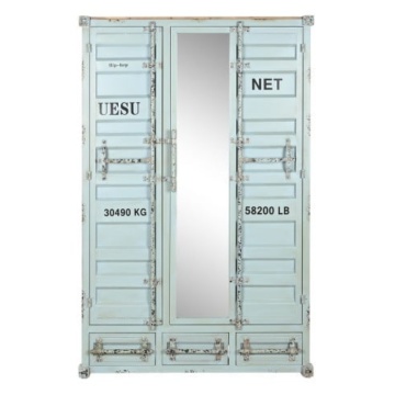 Dulap înalt industrial din metal, turcoaz, cu 2 uși din tablă ondulată, oglindă, 3 sertare, 4 rafturi și bară pentru haine, 174 x 112 x 46 cm, „Cargo”