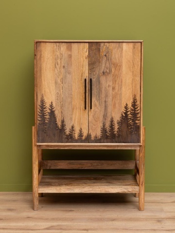 Dulap pe picioare mid century din lemn de mango, natur, cu 2 uși gravate cu brazi, 4 compartimente și raft deschis, 142,5 x 93 x 45,5 cm, „Forestia” - Img 3