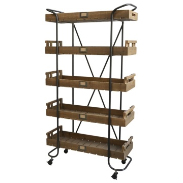 Etajeră din lemn și metal, cu 5 rafturi și roți, H156,5 cm