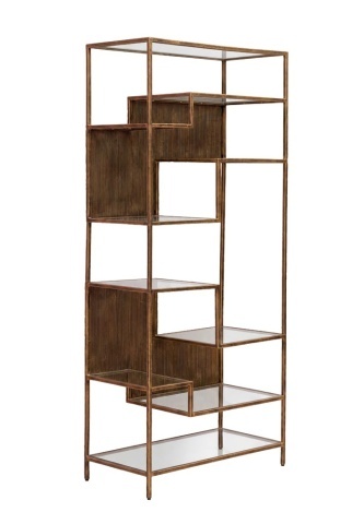 Etajeră din metal auriu antichizat, cu 5 rafturi din sticla, finisaj satinat, 80×40×180 cm, „Rugato"
