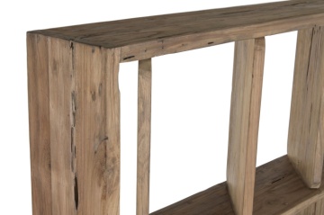 Etajeră înaltă din lemn de tec reciclat cu 5 rafturi design asimetric, „Nomad” - Img 5