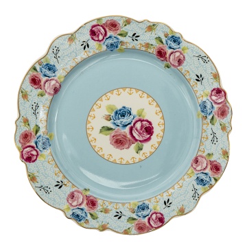 Farfurie albastra, din ceramica, cu motive florale, Ø20 cm