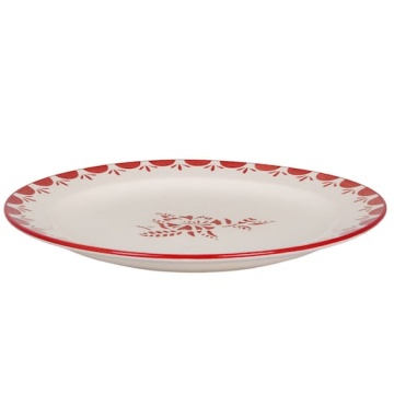 Farfurie din ceramică artizanală, natur, cu motiv floral pictat manual în roșu și bordură decorativă, 26 cm, „Marion Flower" - Img 3