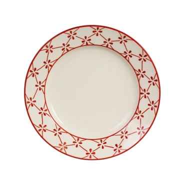 Farfurie din ceramică artizanală natur, cu motive florale pictate manual roșu și bordură decorativă, 19,5 cm, „Marion Clover"