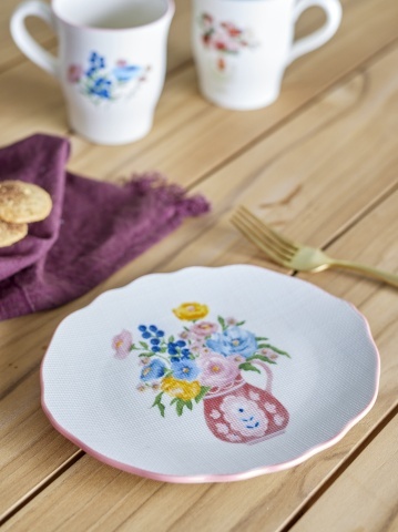 Farfurie din ceramică cu motive florale și margine roz pictată manual, 20×17×2 cm, „Dorothy" - Img 5