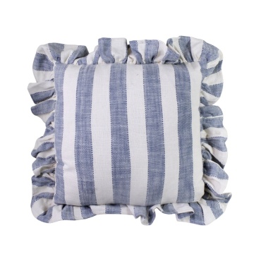 Față de pernă din bumbac organic, albastru și alb, model în dungi cu volănaș decorativ, 45 × 45 cm, „Ida Stripe"