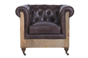 Fotoliu Chesterfield din piele naturală maro închis, capitonat, cu laterale din lemn de mango și iută, picioare pe roți, 84×77×79 cm, „Cassis”