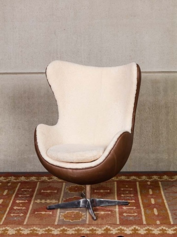 Fotoliu Egg rotativ din piele naturală full grain și lână, maro și crem, design iconic, 86,5×76,5×116 cm, „Tenzing" - Img 4