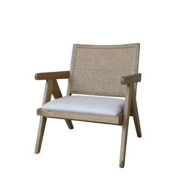 Fotoliu lounge din lemn de stejar cu spătar din rattan și șezut tapițat „Veranda”