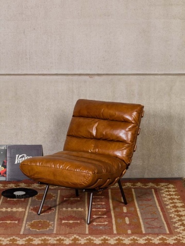 Fotoliu lounge din piele naturală top grain cognac cu structură din stejar și metal, „Spinal” - Img 3