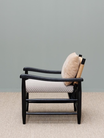 Fotoliu pentru living în stil etnic, bej, din stofă și sfoară împletită, cu pernă, cadru din lemn de cauciuc negru, 67×71×73 cm, „Kaidou” - Img 3