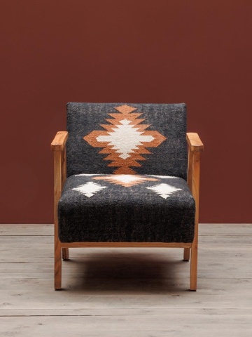 Fotoliu pentru living în stil etnic, gri, din kilim de lână și iută naturală, cu cadru din lemn de acacia, 61×80×75 cm, „Sioux” - Img 4