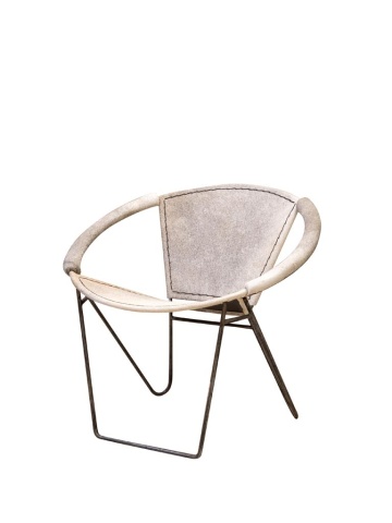 Fotoliu rotund mid-century, gri, din piele naturală de vacă cu păr, cusătură în zigzag, cadru din metal, diametru 78 cm, înălțime 73 cm, „Arceau” - Img 4