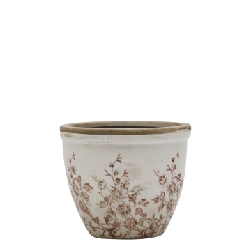 Ghiveci crem, din ceramica, cu motive florale, H13/D15cm, Chaville