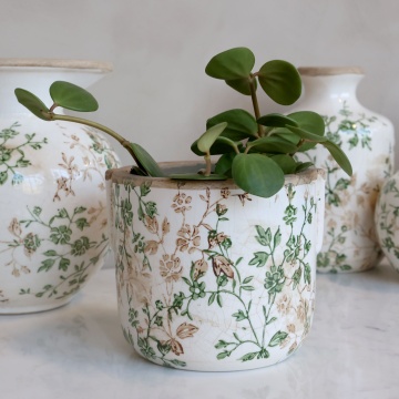 Ghiveci decorativ alb din ceramică antichizată, pictat manual, cu decor floral-vegetal, 11,5x13,5 cm, „Grasse" - Img 2