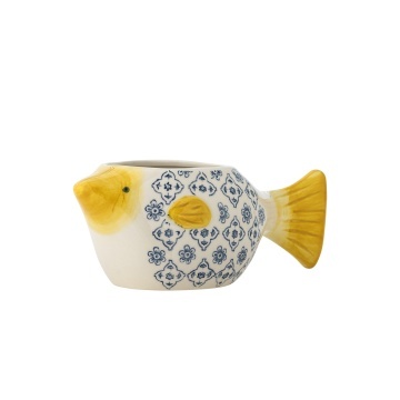 Ghiveci decorativ din ceramică albă în formă de pește cu model floral albastru pictat manual, 25×9×11 cm, „Wrenna" - Img 2