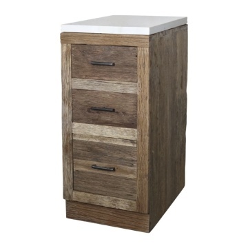 Insulă de bucătărie modulară din lemn reciclat, natur, cu blat din marmură albă, 3 sertare, 97 x 60 x 60 cm, „Grimaud”