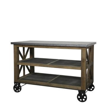 Insulă de bucătărie pe roți din lemn și metal, natur, cu blat din zinc și 2 rafturi, 90 x 120 x 59,5 cm